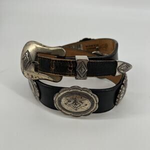 Vintage 90s Justin Concho Belt Leather Black Navajo Western Buckle Size 26